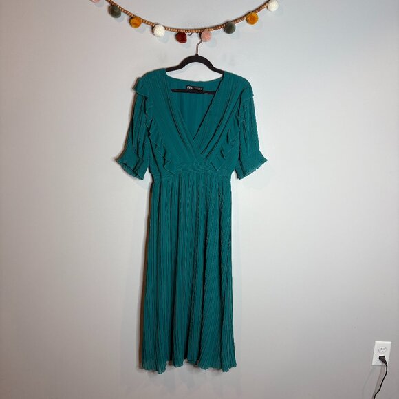 Zara teal ruffle pleated midi dress - Picture 2 of 6